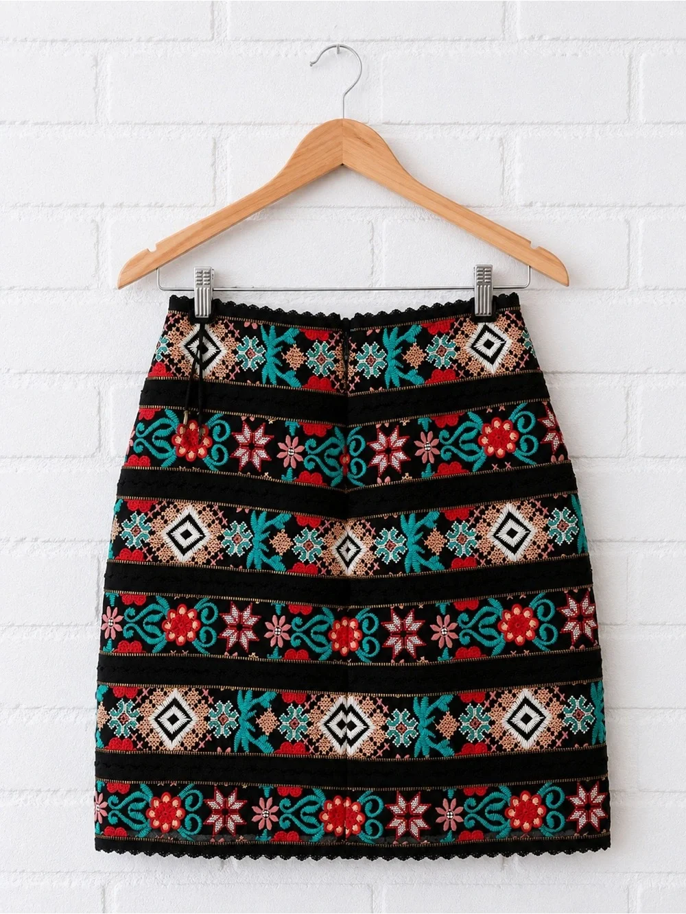 Costarellos Embroidered Black Mini Skirt with Multicolor Geometric Pattern